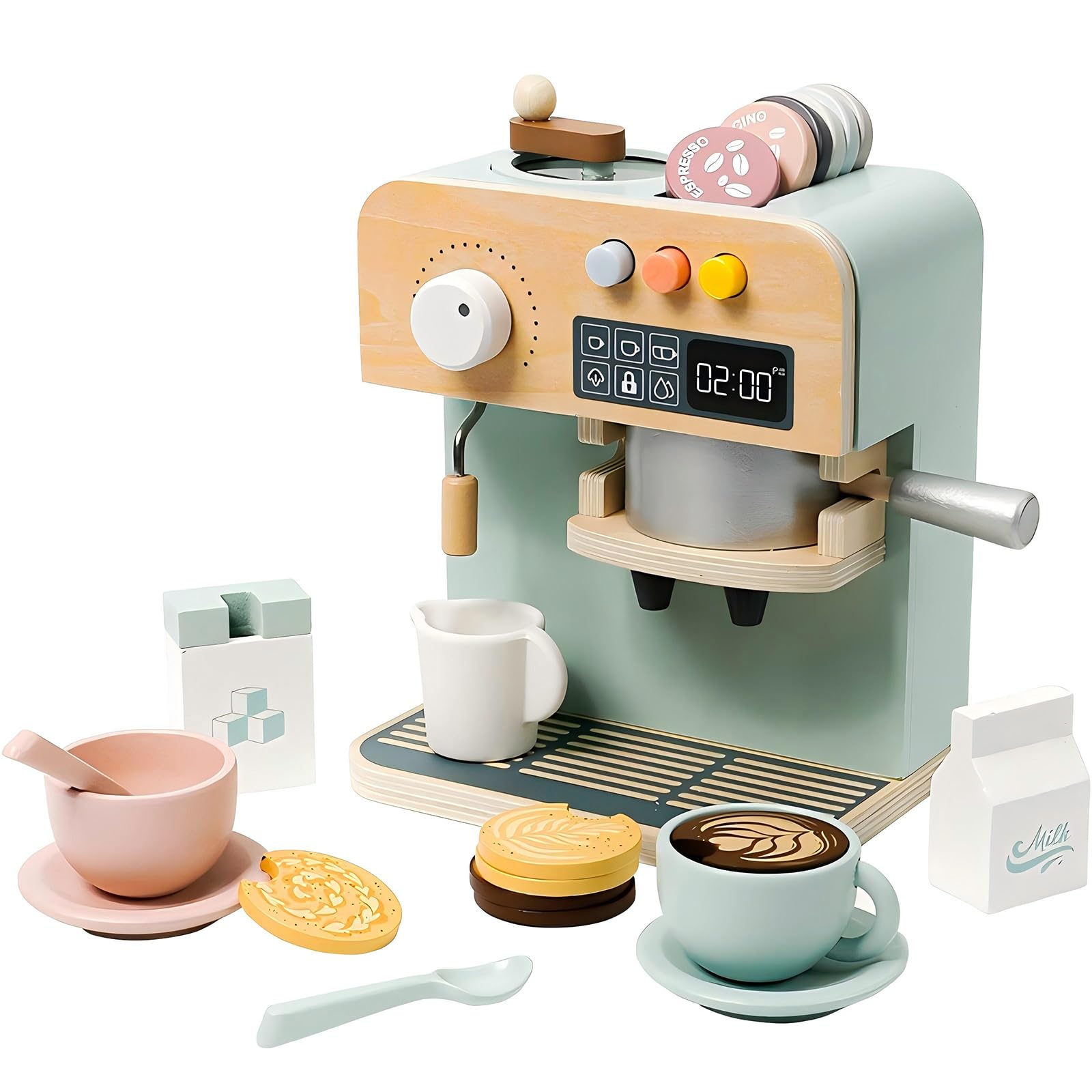 Wooden Pretend Play Coffee Maker Toy for Kids – Montessori Barista Coffee Machine with Cups, Milk & Cookies – Role Play Kitchen Toy Set for Toddlers Boys Girls Age 3 4 5 6