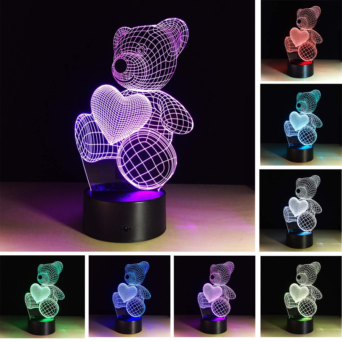 ZYTC Teddy Bear Heart Night Lights Gifts for Kids Women Mom Girls Smart Touch & Remote Control 7 Color 3D Illusion Lamp Animal Light Children Led Desk Lamps