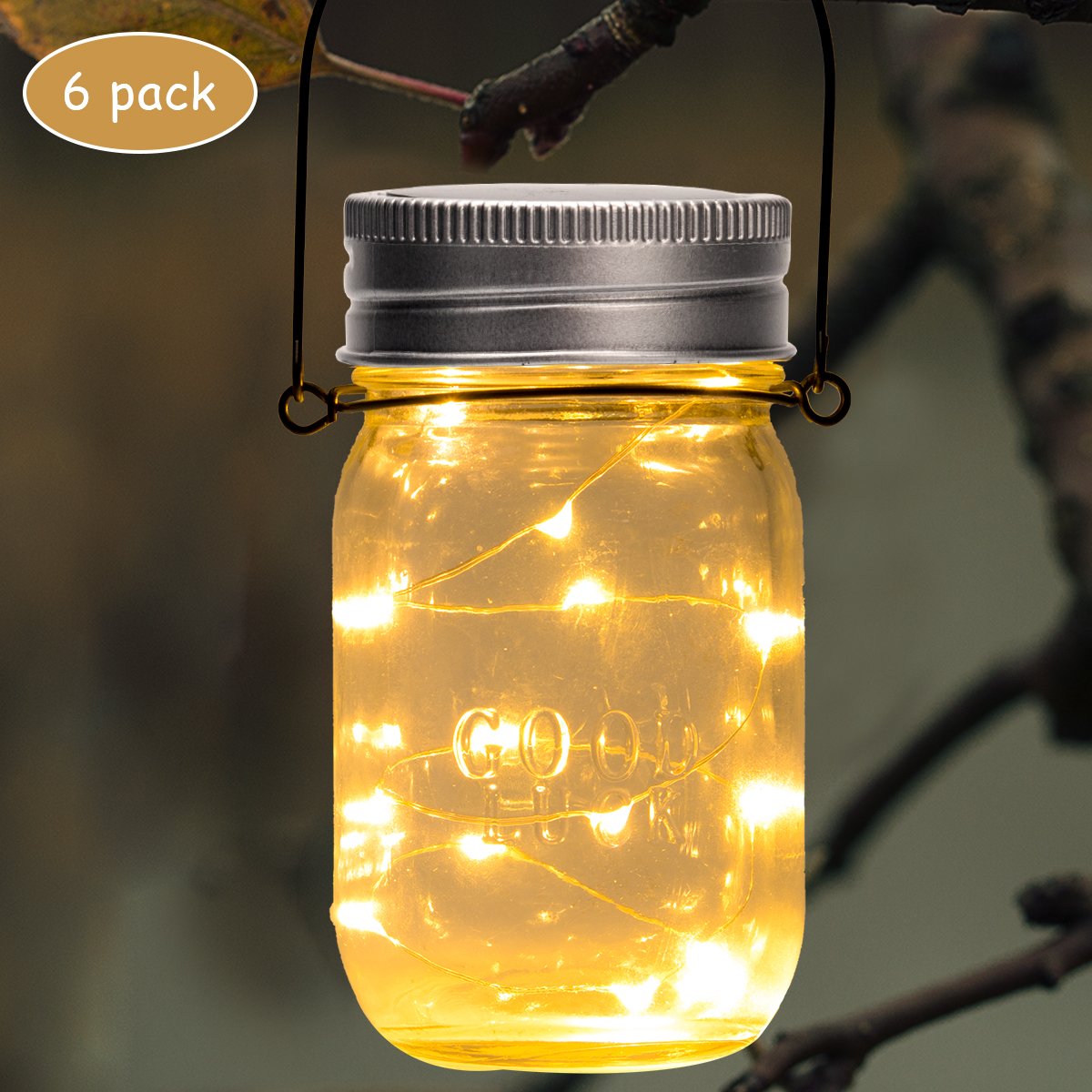 GIGALUMI Hanging Solar Mason Jar Lid Lights, 6 Pack 15 Led String Fairy
