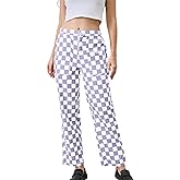 HOCANDY Womens Checkered Pants Zip Off Plaid Gingham Pants Casual Elastic High Waist Straight Leg Jeans with Pockets Purple White