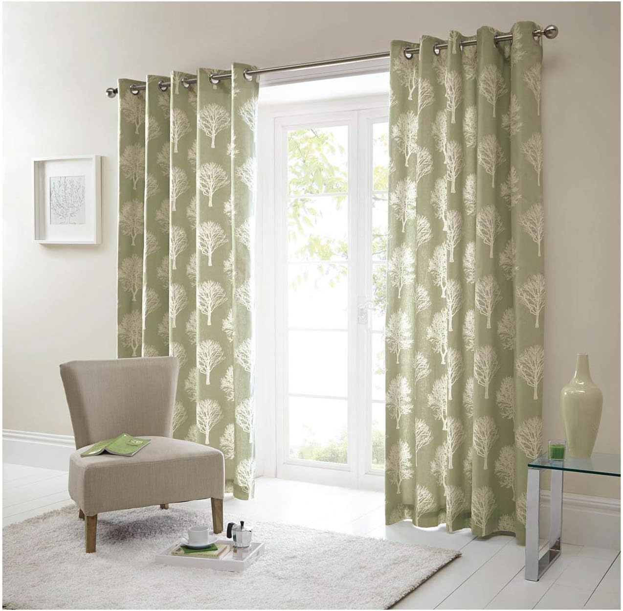 FOREST TREES GREEN CREAM 117X229 RING TOP LINED CURTAINS SEERTDNALDOOW