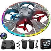 Round Foam RC UFO Drone with Camera – Smart Obstacle Avoidance, Multi-Color LED Lights (Color Switching), 360° Flips, Throw-to-Fly, Speed Adjustment, Remote Control Plane Helicopter, One-Key Takeoff/Landing, Headless Mode, Altitude Hold, Image Transmission, Beginner-Friendly FPV Quadcopter (Black)