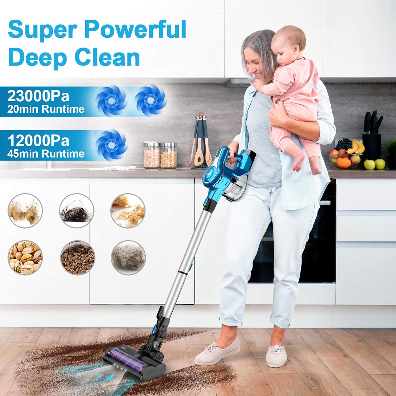 Cordless Vacuum Cleaner, 23Kpa 250W Brushless Motor Stick Vacume, Up to 45 Mins Max Runtime 2500mAh Rechargeable Battery, 10-in-1 Lightweight Handheld for Carpet Hard Floor Car Pet Hair, Blue-INSE S6 -