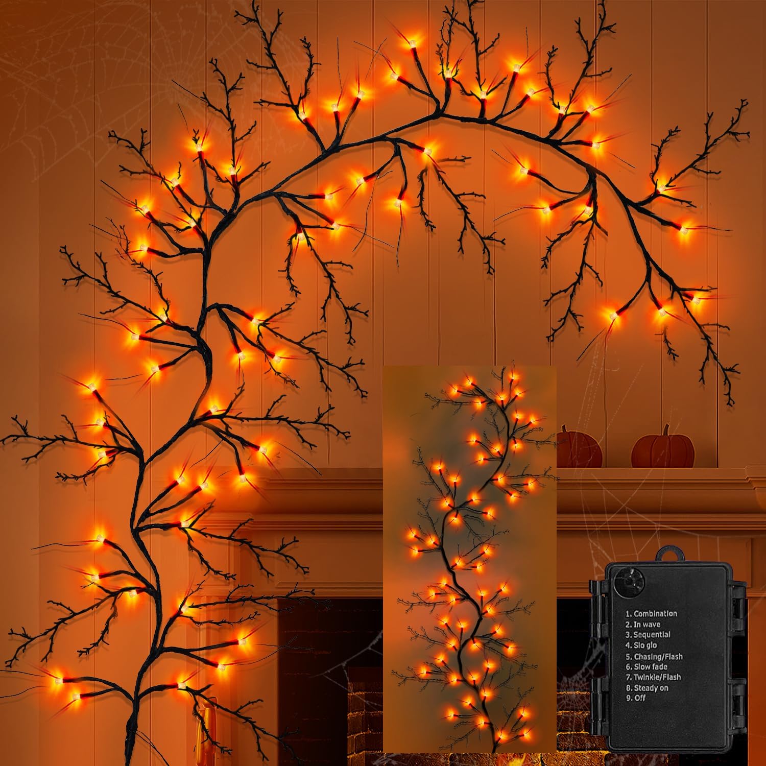 Wreaths, Garlands & Swags - Couah 6 Ft 54 LED Halloween Willow Vine Twig Decorations Branches Garland with Timer Orange Lights Waterproof Battery Operated for Wall Bedroom Home Fireplace