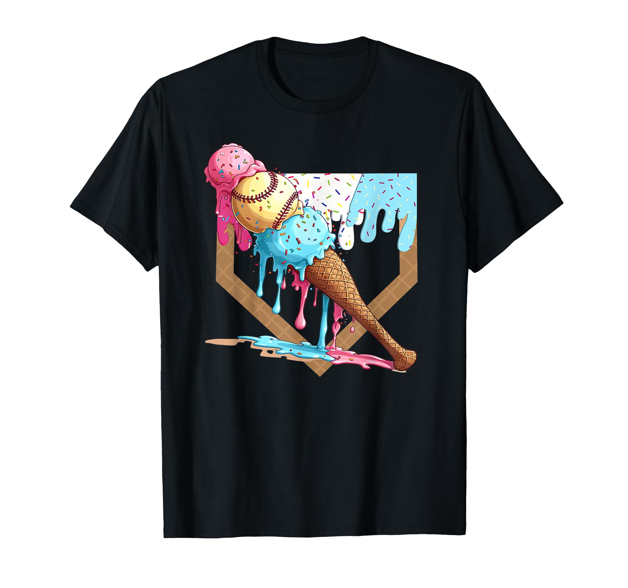 Photo 1 of Baseball Ice Cream Dripping Baseball Home Plate Drip T-Shirt