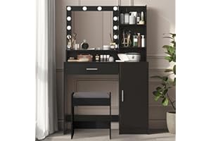 Palimder Vanity Desk with Mirror & Light, Large Drawer & Three Level Storage Dresser, 3 Lighting Modes Adjustable Brightness, Bedroom Dressing Table (Black with Stool)