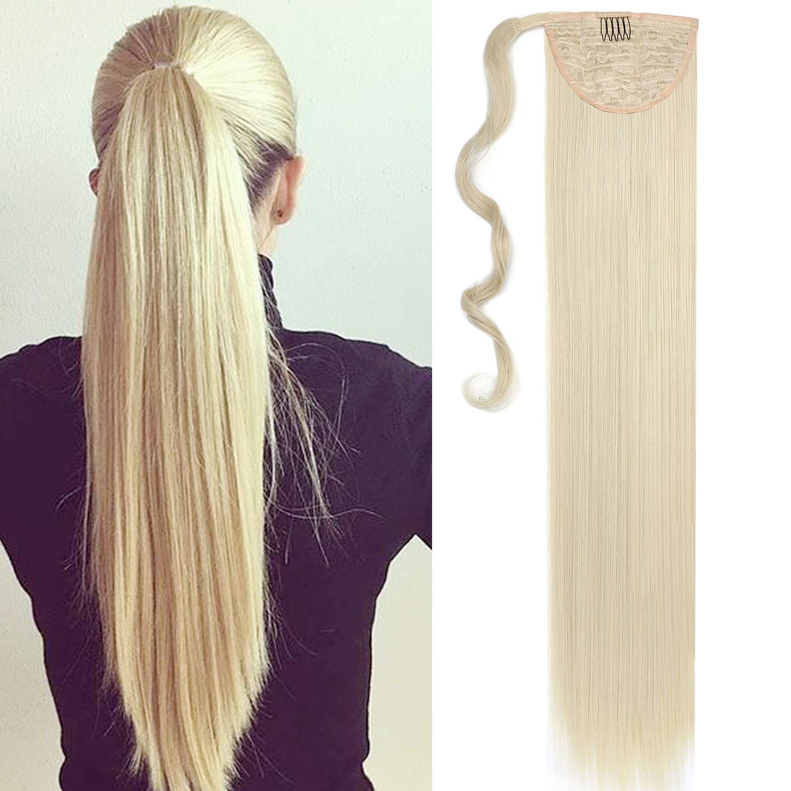 32" Straight Wrap Around Ponytail Clip In Hair Extensions Silky One Piece Long Hairpiece For Women Beauty - Bleach Blonde