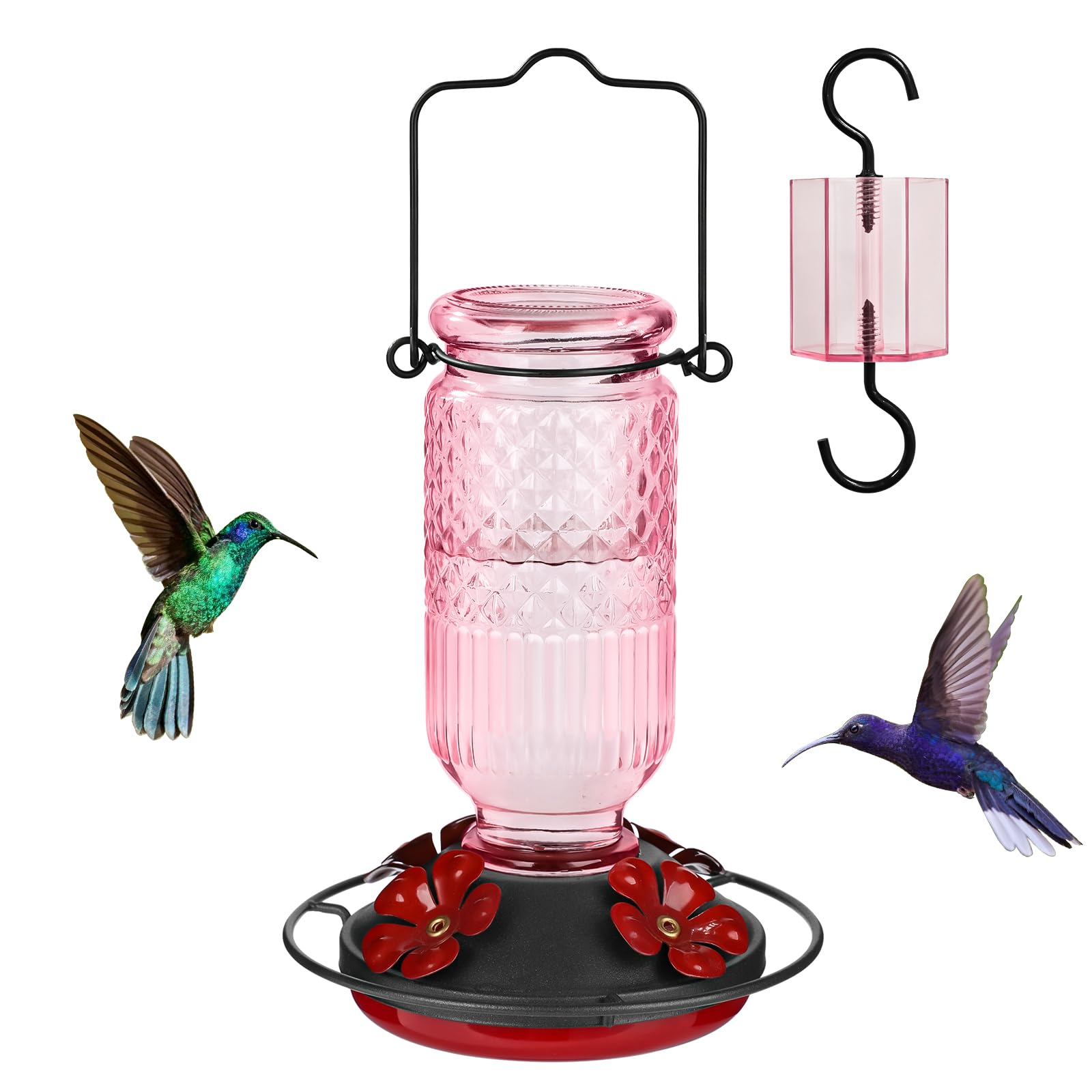 Photo 1 of FEED GARDEN Glass Hummingbird Feeders for Outdoors, 16 OZ Pink Hummingbird Feeder with 4 Bee Guard Feeding Ports & Built-in Ant Moat, Humming Bird Feeder, Gifts for Women Mom,1 Pack