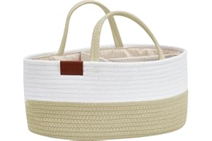 DECOMOMO Diaper Caddy Organizer, Cotton Woven Baby Basket with Removable Divider (Beige & Ivory White, Large)