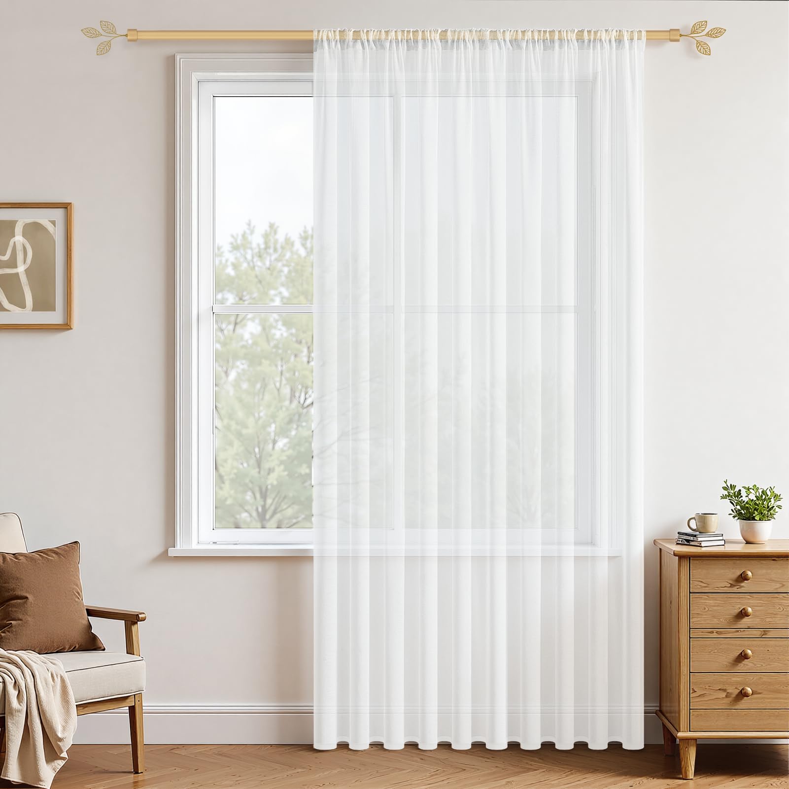 MRTREES Voile Curtains 90 Drop 1 Panel Faux Linen Rod Pocket Sheer Curtain Panel for Bedroom Living Room Patio Door 90x90 Drop 228cm x 228cm White