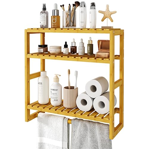 Bamworld Bathroom Shelf Storage Adjustable Bamboo shelf 3-Tiered Over Toilet Rack Bathroom Organizer for Space-Saving Wall Mount Stand Used in the Living Room (Light Brown)
