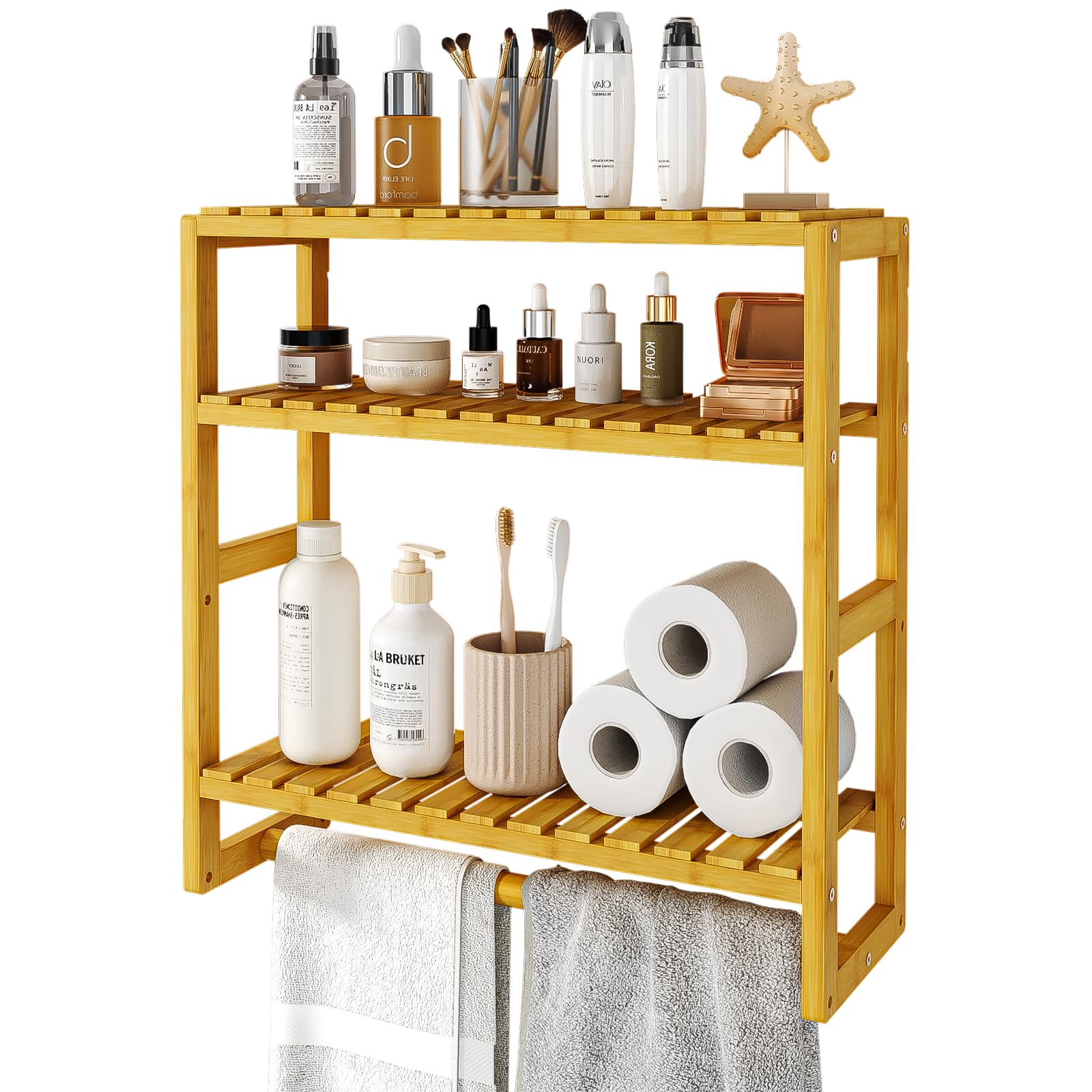 Bamworld Bathroom Shelf Storage Adjustable Bamboo shelf 3-Tiered Over Toilet Rack Bathroom Organizer for Space-Saving Wall Mount Stand Used in the Living Room (Light Brown)