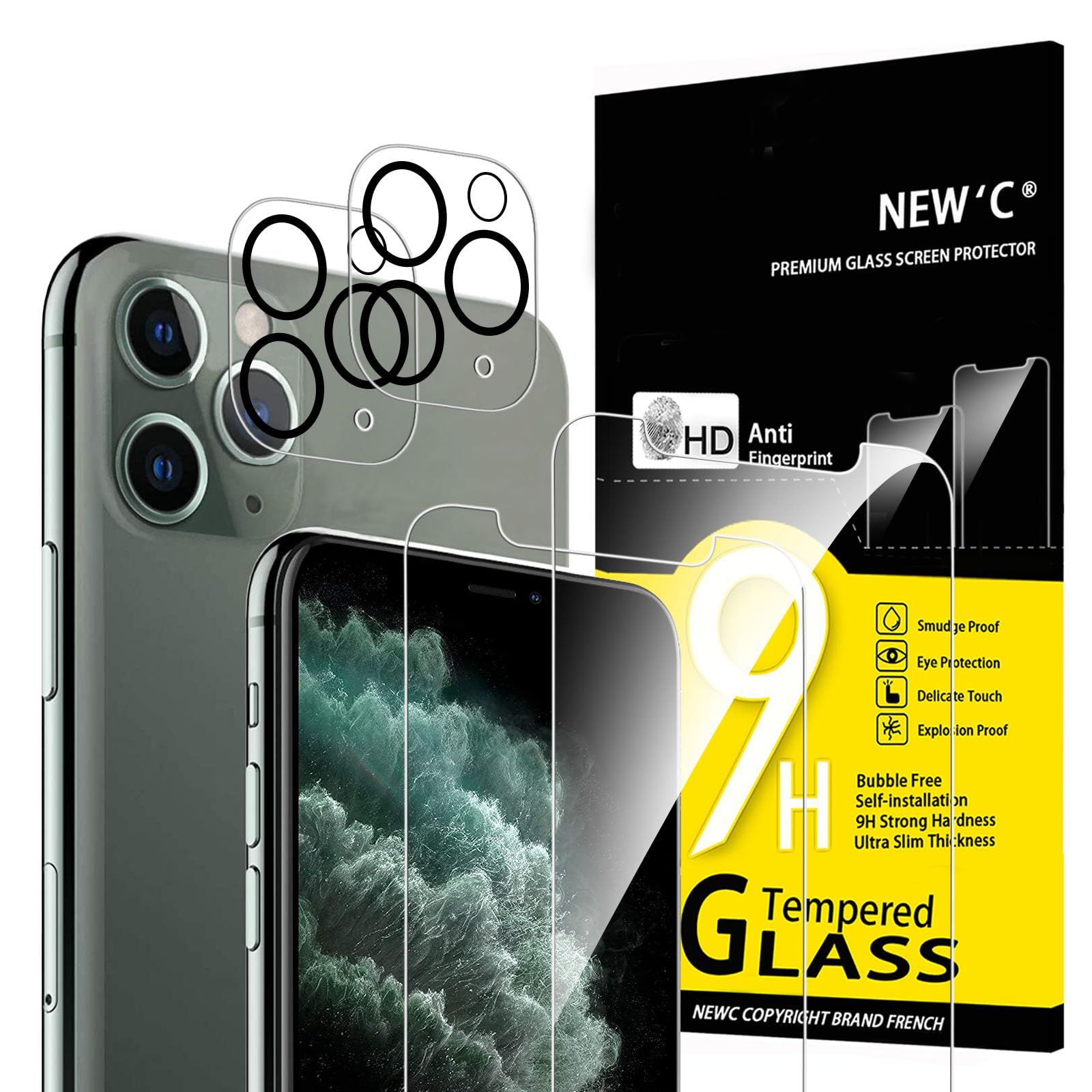 NEW'C 4 Pack, 2 Pack for iPhone 11 Pro Max Screen Protector + 2 Pack Camera Lens Protector, Sensor Protection,Case Friendly Tempered Glass Film