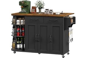RALGEND Kitchen Island with Power Outlet & Drop Leaf, Kitchen Rolling Island with Rotating Organizer, Kitchen Island Cart with Storage Cabinet, Mobile Island Table for Kitchen, Black and Rustic Brown