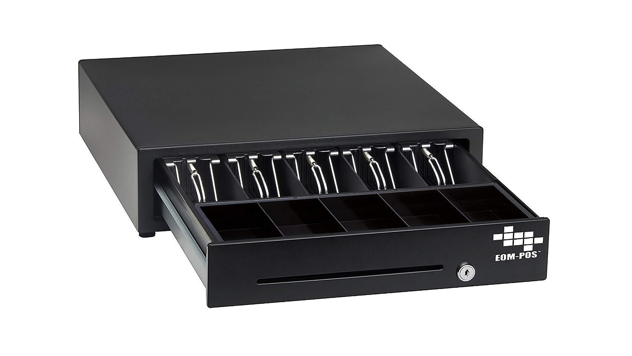 EOM-POS Cash Register Money Drawer. Compatible with Square Stand [Receipt Printer Required]. Includes built in cable to connect to receipt printer. Printer Driven.