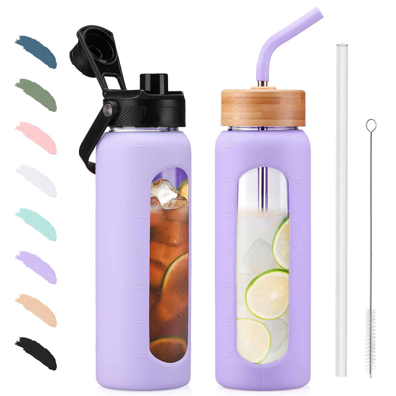 BLUEGO 700ml Glass Water Bottle with Straw and 2 Lids Glass Coffee Cup with Time Marker and Silicone Protector Glass Tumbler for Beverages Soda Cola BPA Free, Purple