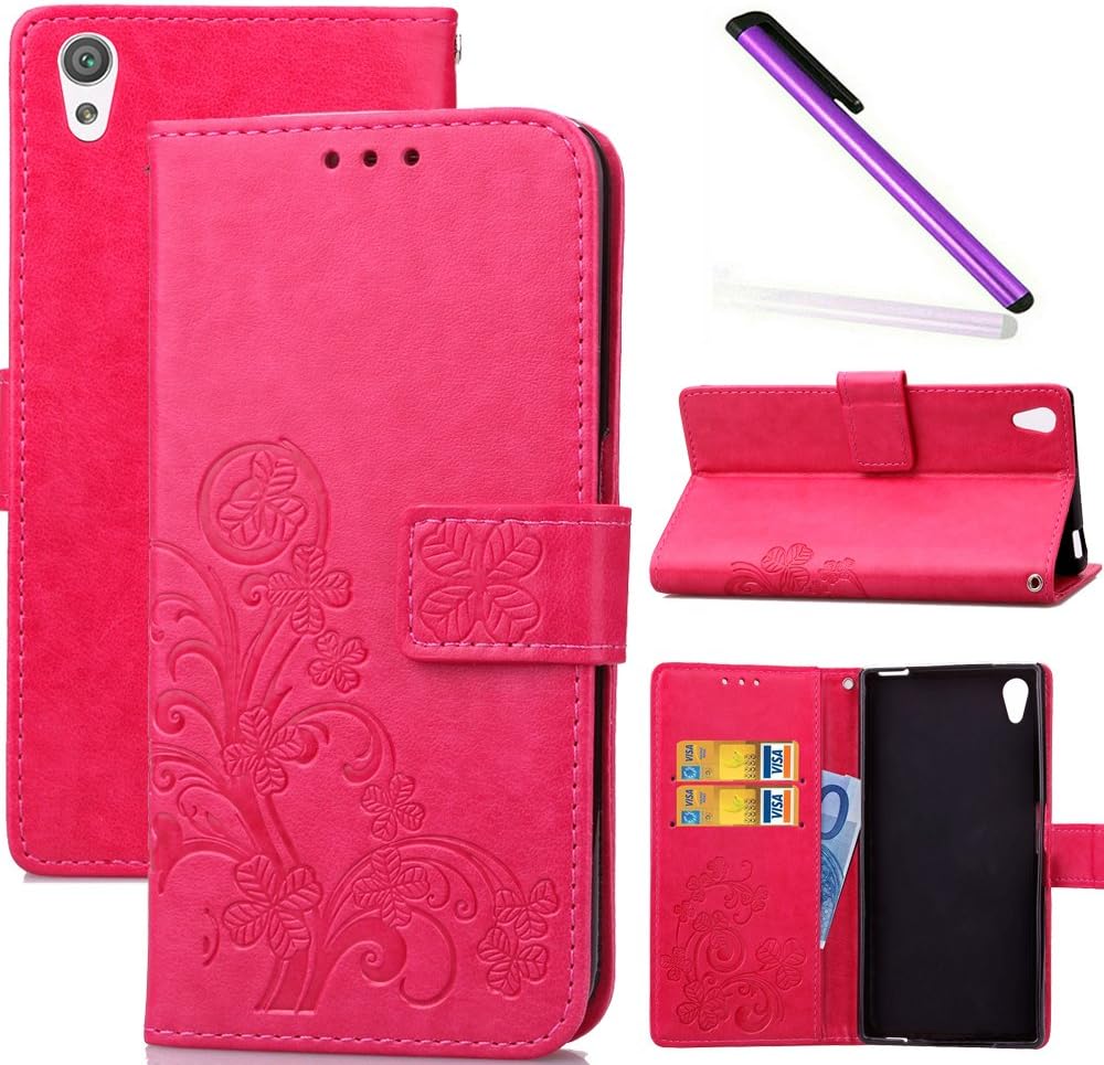 COTDINFOR Sony Xperia XA Case Wallet Bookstyle Pu Leather Flip Magnetic Strap Stand Case for Girls Elegant Retro Lucky Clover Design Shockproof Slim Cover For Sony Xperia XA clover Red SD