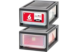 IRIS USA 6 Qt. Plastic Drawer Storage Organizer Stacking Drawers, 2-Pack, Stackable Unit with Sliding Drawer for Bedroom Kitchen Under Sink Pantry Craft Room Bathroom Dorm Office, Black