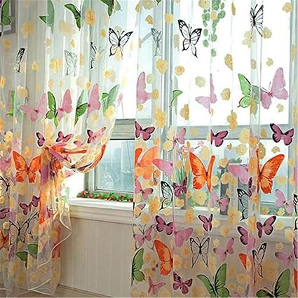 Hebbier Sheer Curtain Butterfly Flower Print Chiffon Tulle Door