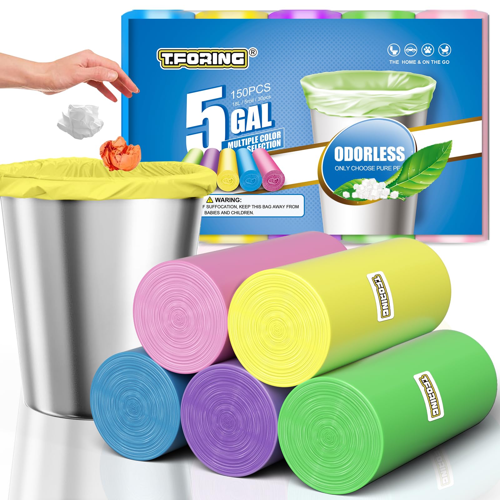 Photo 1 of T.FORING 5 Gallon Trash Bags Extra Thick - 18 Liter Garbage Bags Unscented for Bathroom, Small Plastic Wastebasket Liners for Home Office Bedroom,90 Count 3 Color