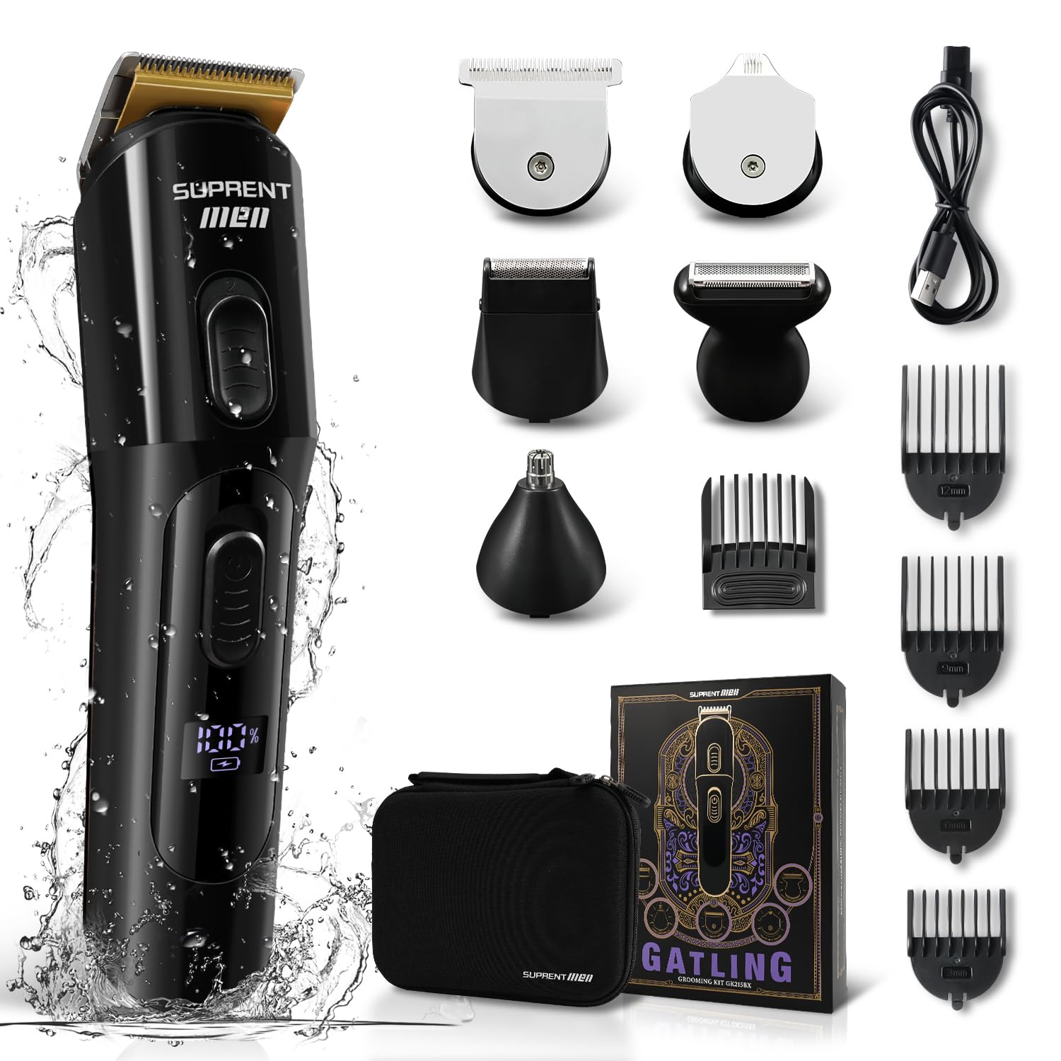 SUPRENT Beard Trimmer for Men - 16 Piece Beard Grooming Kit with Nose Trimmer, Hair Clippers Cordless Electric Shaver for Men Face Body, Fully Washable- Mens Gifts (Black)