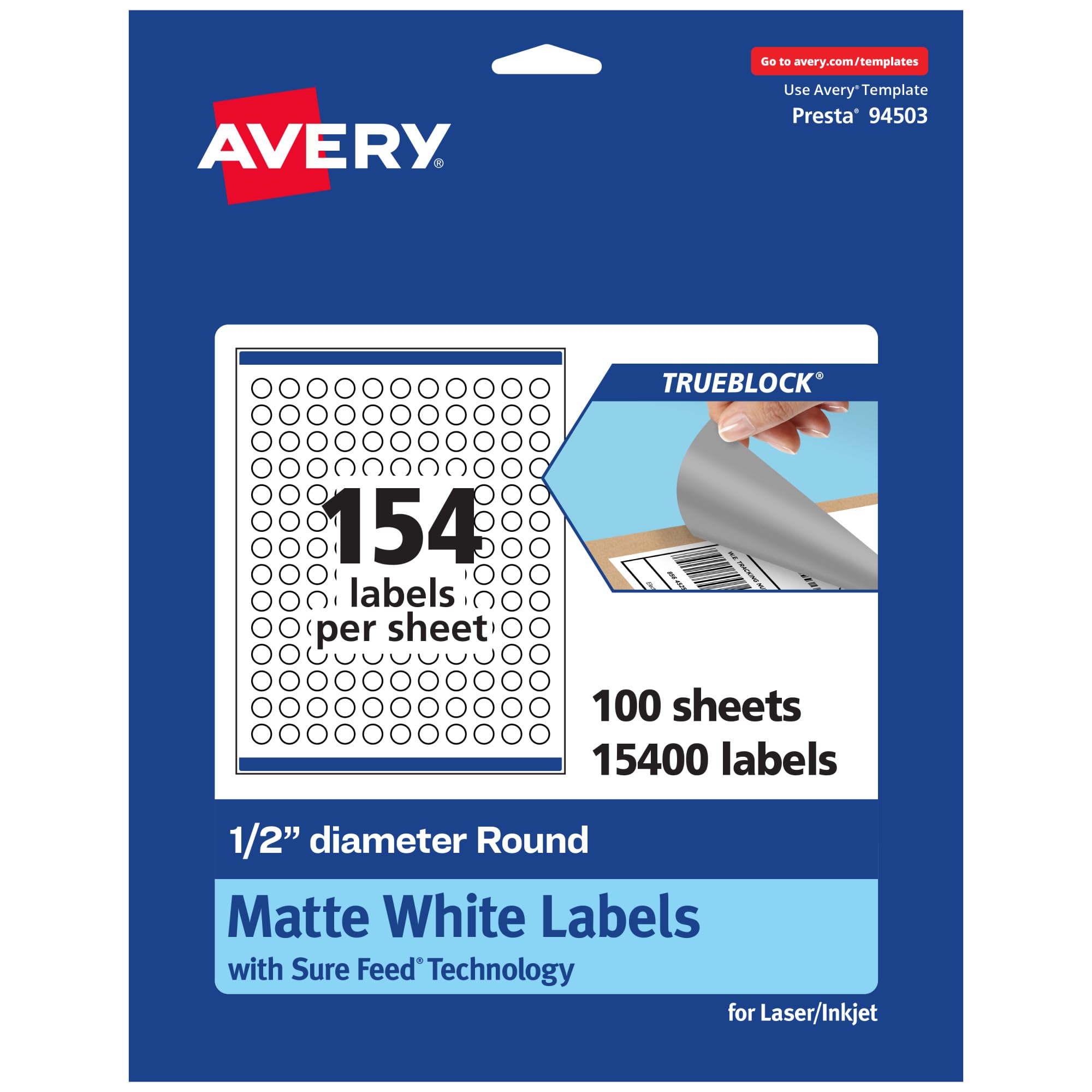 Avery TrueBlock Matte White Round Labels, Sure Feed Technology, 0.5″ Diameter, 15,400 Matte White Labels, Print-to-The-Edge, Laser/Inkjet Printable, Great for Product Merchandising Stickers