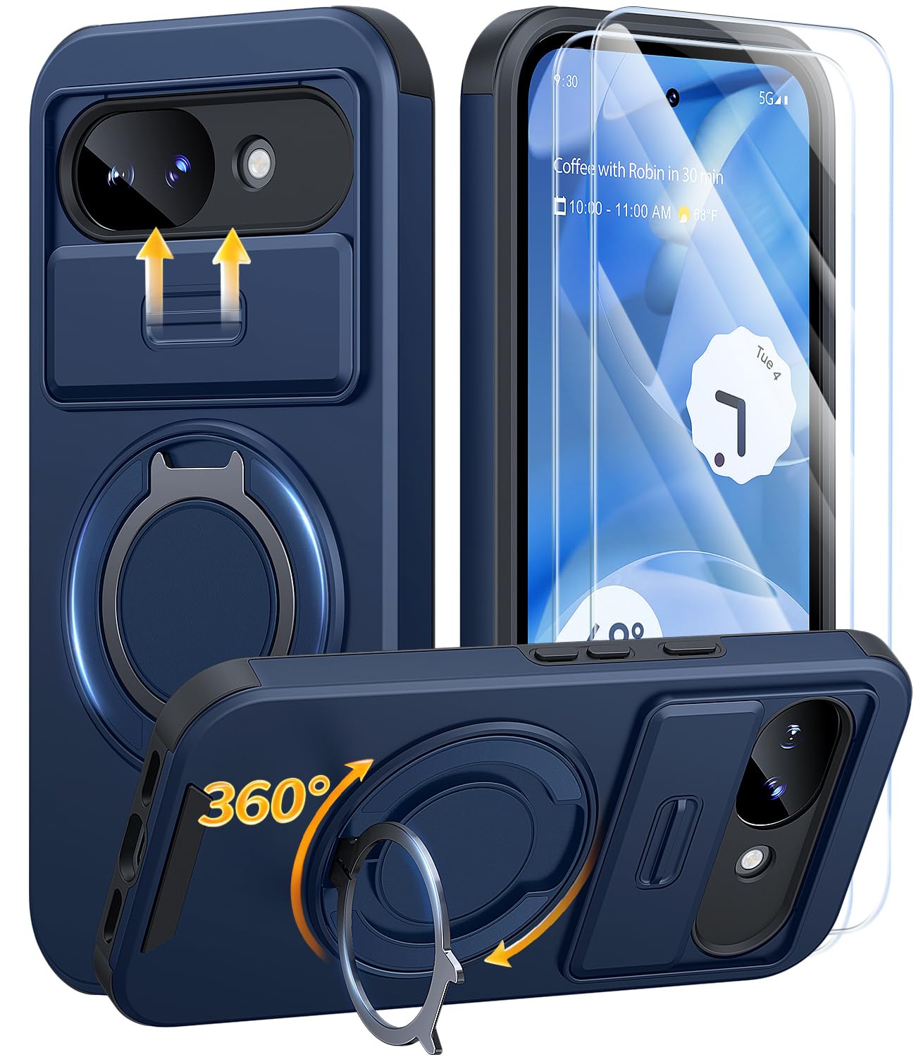 AOUIA für Google Pixel 10A Hülle mit 2X Panzerglas, Kameraschutz, 360° Ringständer, Unterstützt kabelloses Laden, Stoßfest nach Militärstandard Handyhülle für Pixel 10A, Blau