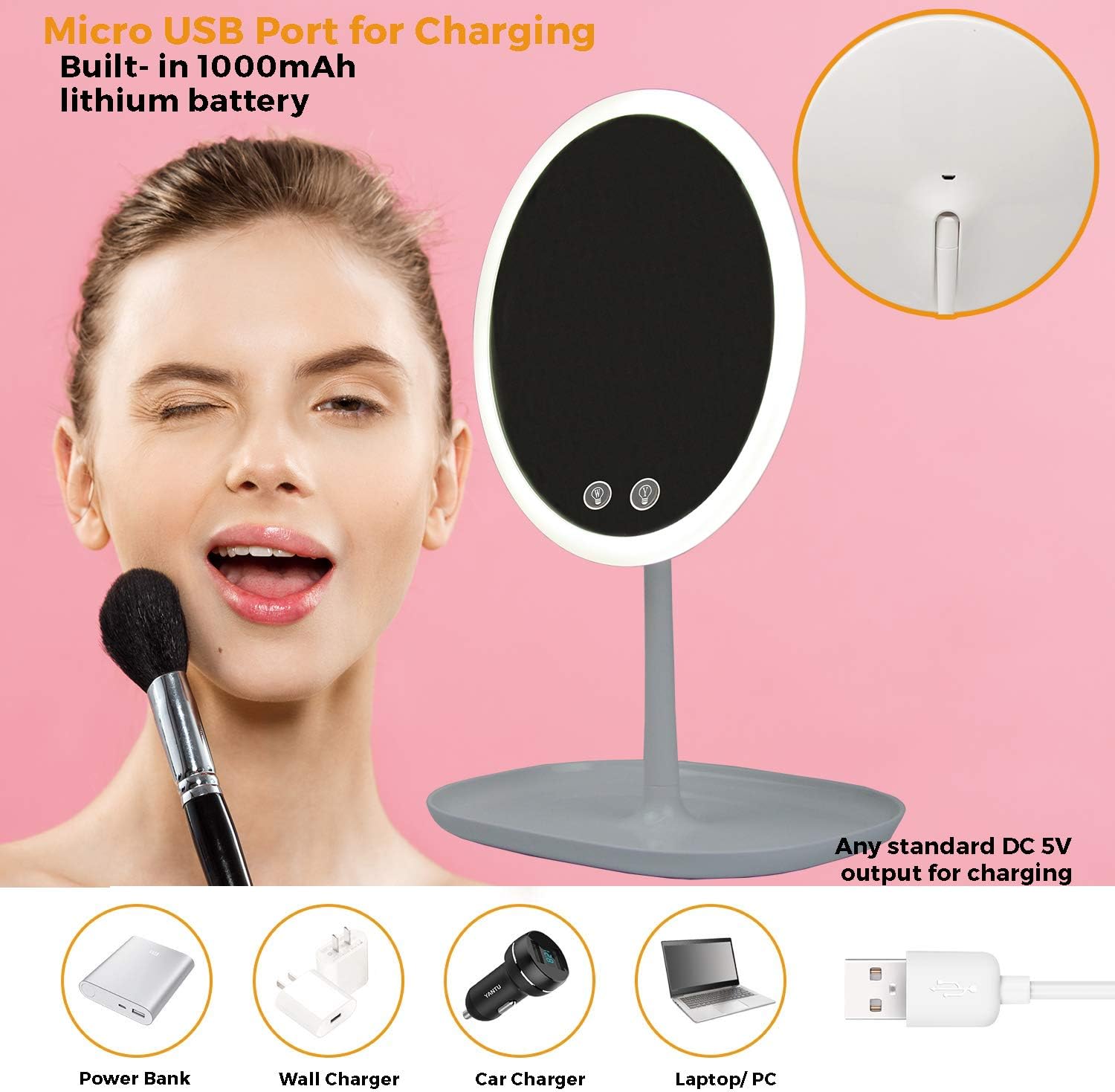 Upscale Cosmetic Makeup Mirror with 2 Color light(white & yellow) : USB Rechargeable LED, touch sensor, 45° adjustable angle, HD Silver Plated mirror and 3hrs working time : White