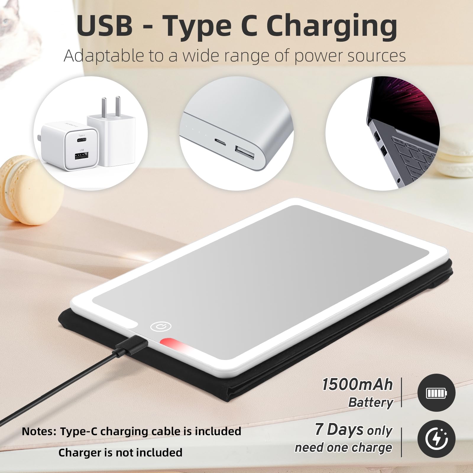 Lighted Travel Makeup Mirror, PU Leather Vanity Cosmetic Mirror with Lights, Rechargeable 1500mAh Battery, 3- Color Light Modes Dimming LED Light Up Mirror of 8X5.5inch, Travel Accessories for Makeup