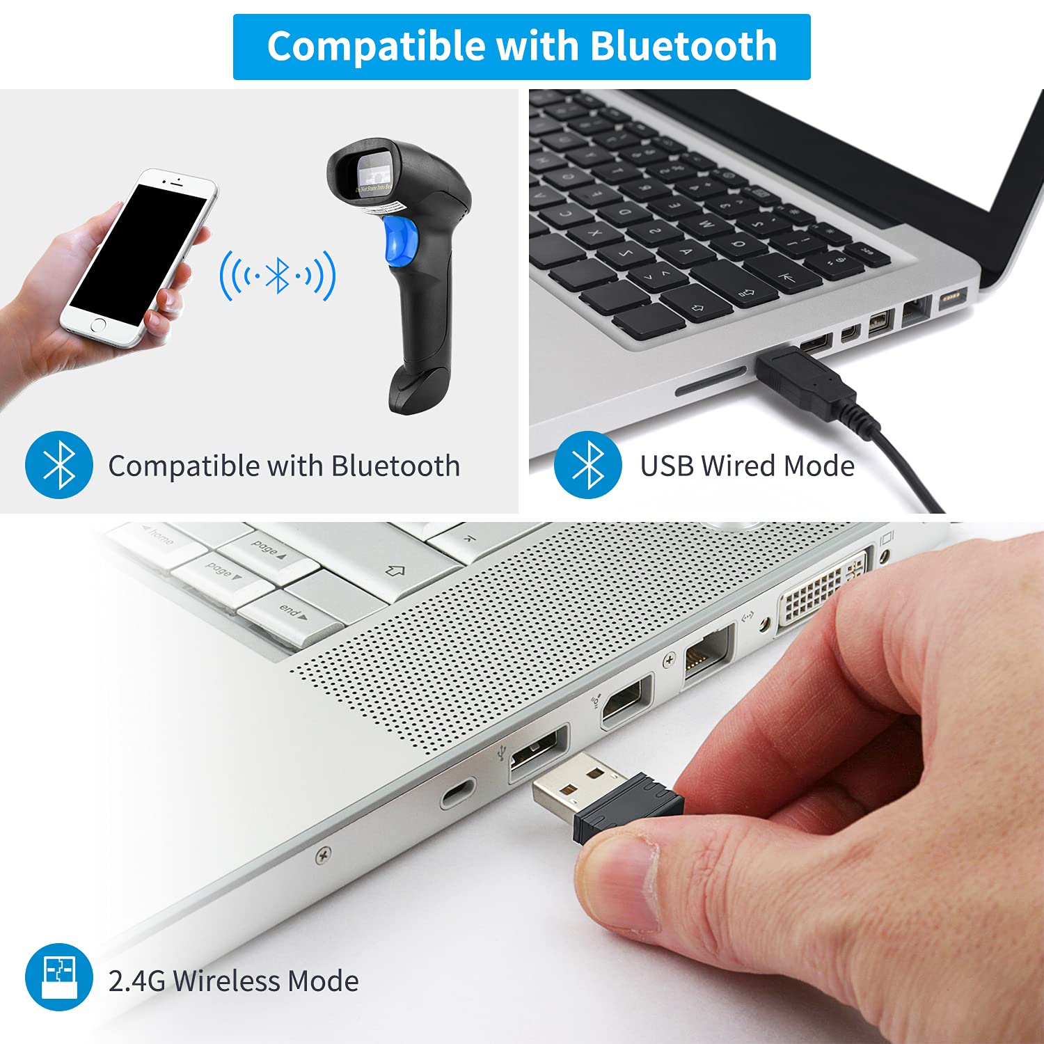 NetumScan Bluetooth QR Barcode Scanner with Stand, 3 in 1 Wireless 1D 2D Bar Code Scanner USB Image Bar Code Reader for Computer, Tablet, iPhone, iPad, Android