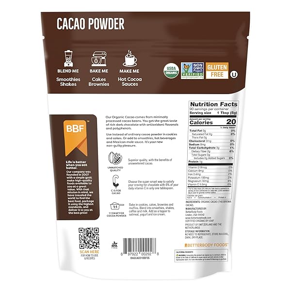 BETTERBODY FOODS ORGANIC CACAO POWDER, RICH CHOCOLATE FLAVOR, NON-GMO, GLUTEN-FREE, COCOA, 16 OUNCE, 1 LB BAG