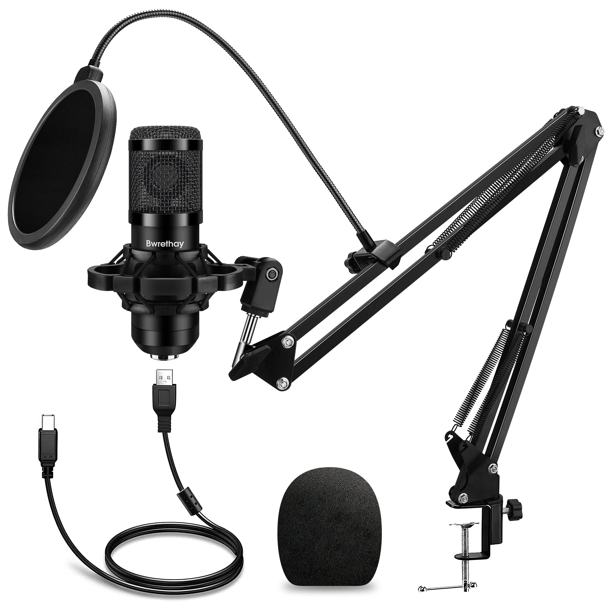 Photo 1 of Bwrethay USB Microphone,Professional Microphone 192kHz/24Bit Plug & Play PC Computer Condenser Cardioid Mic Kit with Adjustable Boom Arm Stand Shock Mount,for Podcast,Streaming,Studio Recording, Black
