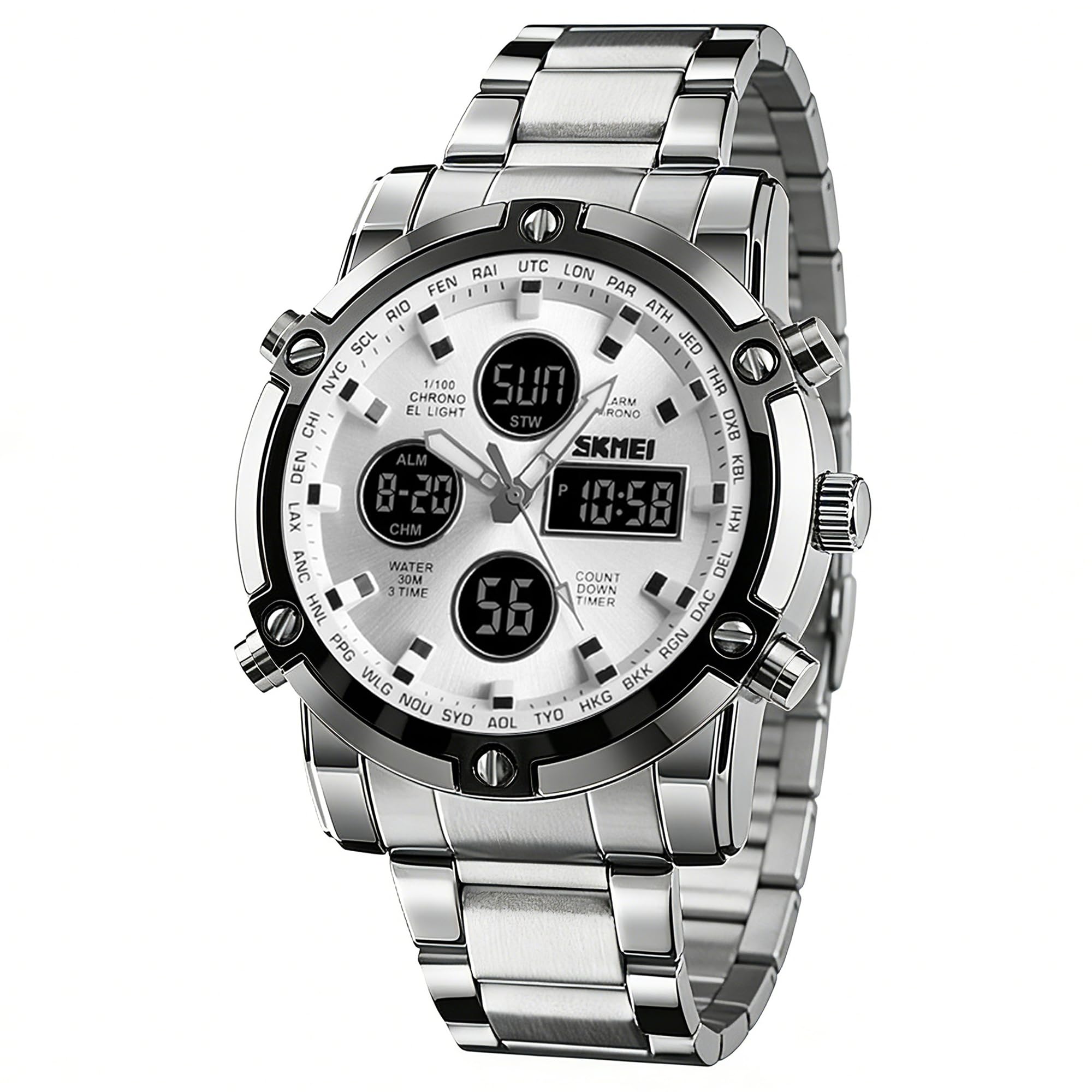 SKMEI Mens Wrist Watch, Waterproof Military Analog Digital Watches with LED Multi Time Chronograph, Stainless Steel Business Watches for Men, 1389-SILVER Silver, 2.28 * 1.89 * 0.63 inches, Sports