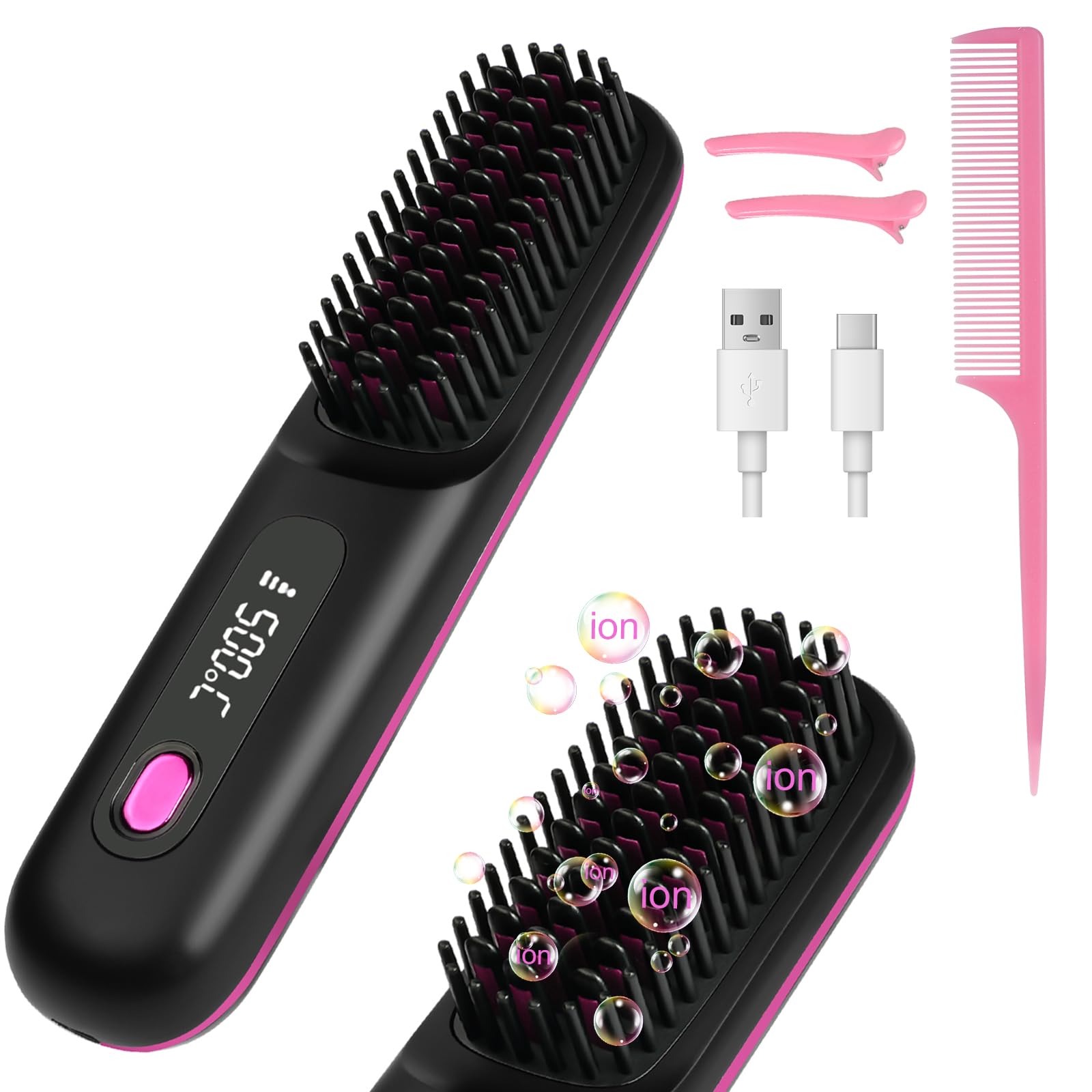LOPHE Go Brush Pro Negative Ion Hair Straightening Brush, with 3 Temp Modes & LED Screen, 20s Fast Heating & Anti-Scalding, Rechargeable Ceramic Straightener for Smooth Frizz-Free Hair, Black