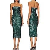 Capuffy Women Strapless Sequin Fantasy Midi Dress Sleeveless Tube Bodycon Club Dress Sparkly Glitter Cocktail Party Dress 77