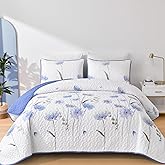 Dinjoy King Size Quilt Set Floral,3 Pieces Blue & White Quilts Coverlet Set Flower Bedspreads Bed Cover Lightweight Summer Quilt Cute Botanical Bedding Sets for King Bed (110"x90")
