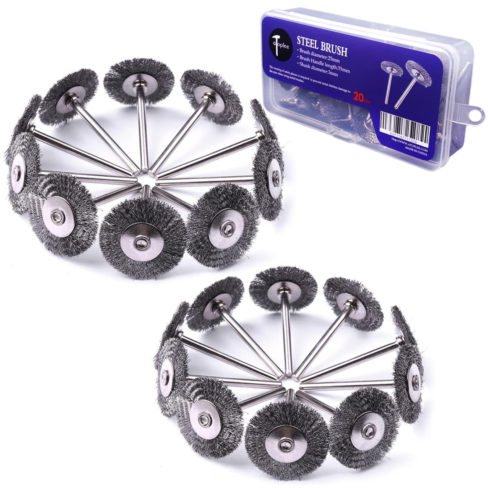 ATOPLEE Wire Wheel Brush Set,20pcs 1 inch/25mm Mini Wire Brush Wheel with 3mm Round Shank,Alloy Steel Crimped Brush Wheel for Cleaning Rust,Paint, Stripping and Abrasive,for Drill Attachment
