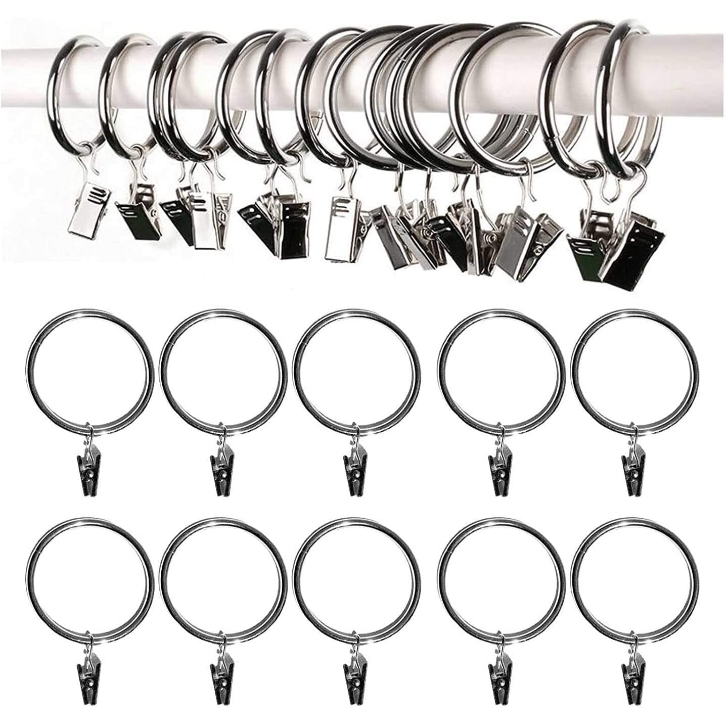 Silver Curtain Rings with Clips 28mm Strong Metal Curtain Hanging Rings with Clips for Curtain Hanging Curtains Rings and Clips 28mm Pack of 20