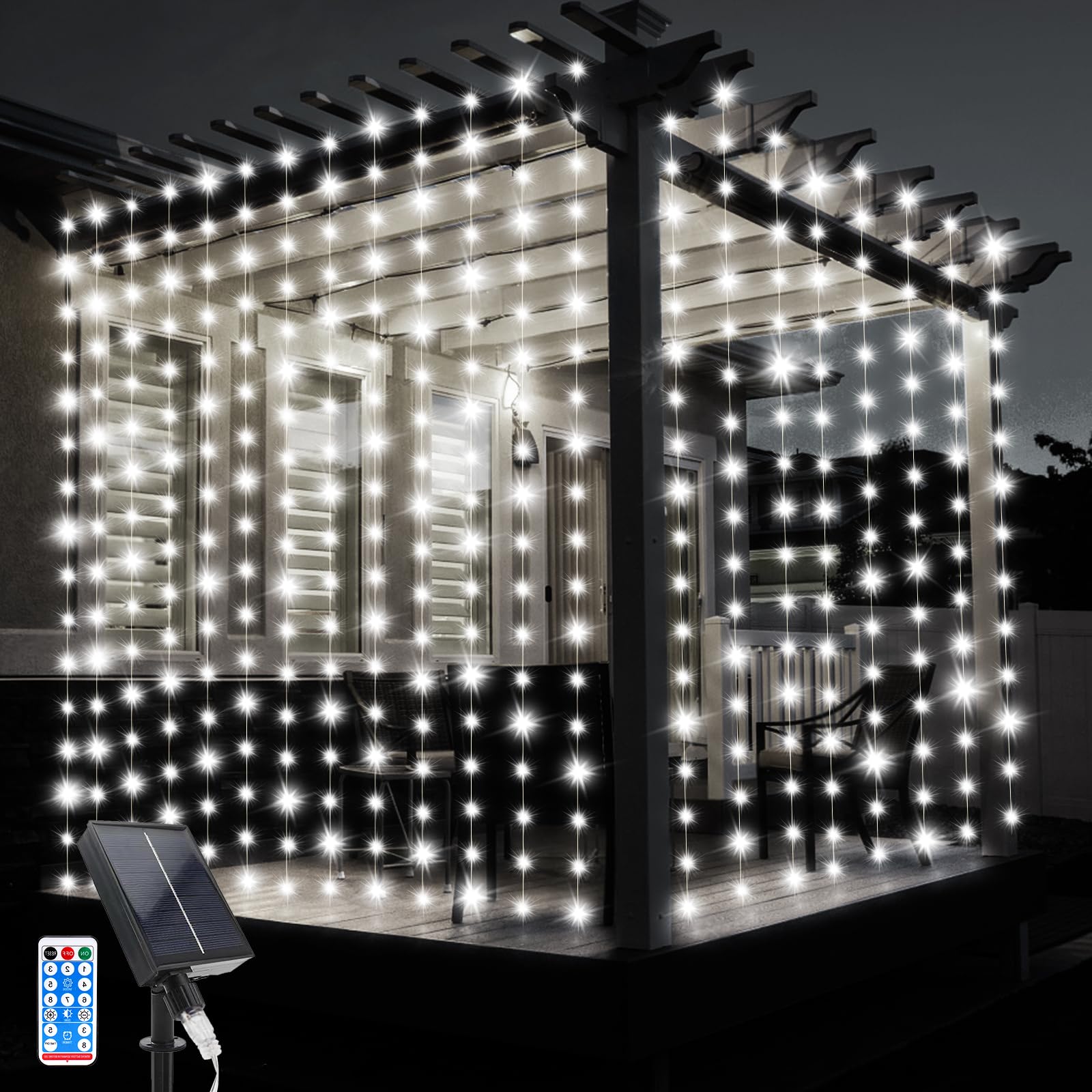 JIMACRO Solar Curtain String Lights, 3Mx3M Waterproof Curtain Lights 10 Pcs Hanging Fairy String Lights 8 Modes 300 LED Waterfall Garden Lights with Remote for Christmas Party Holiday Decorations
