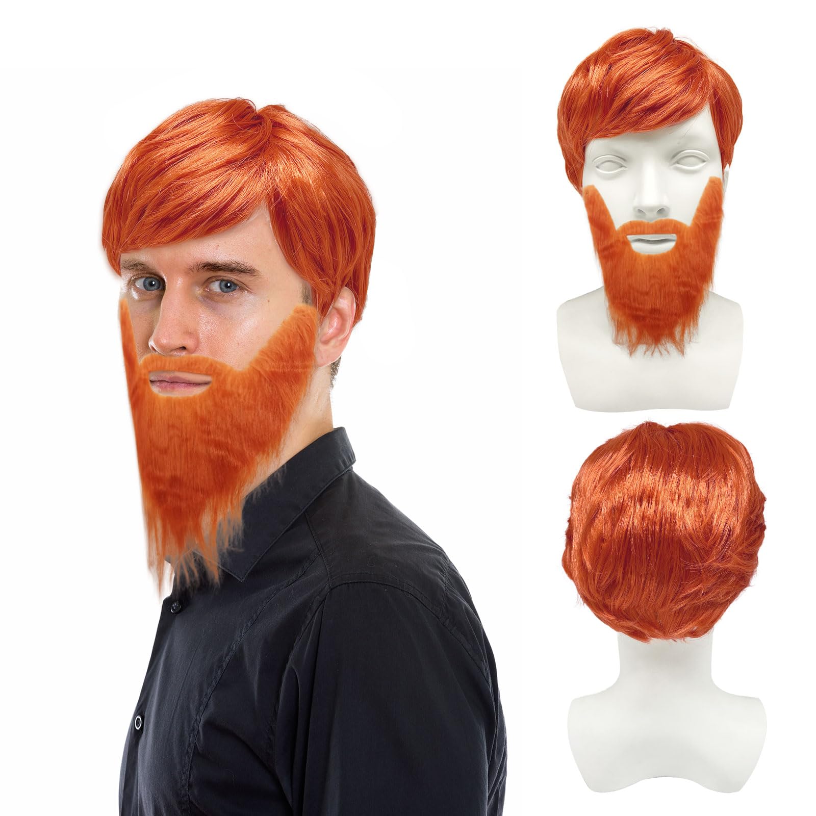 UILYNIU 2 Pcs Men's Wig with Big Beard - Ginger Boyband Punk Rock Fancy Dress Orange Wig for Men 60s 70s 80s Costume Accessories