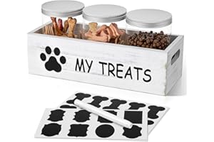 qeerable Dog Treat Container for Countertop - Dog Food Storage with 3 Jars - Pet Food Organizer For Puppy - Airtight White Wooden Dog Treat Storage With Lids - Great Gift for Pet Dog Owners