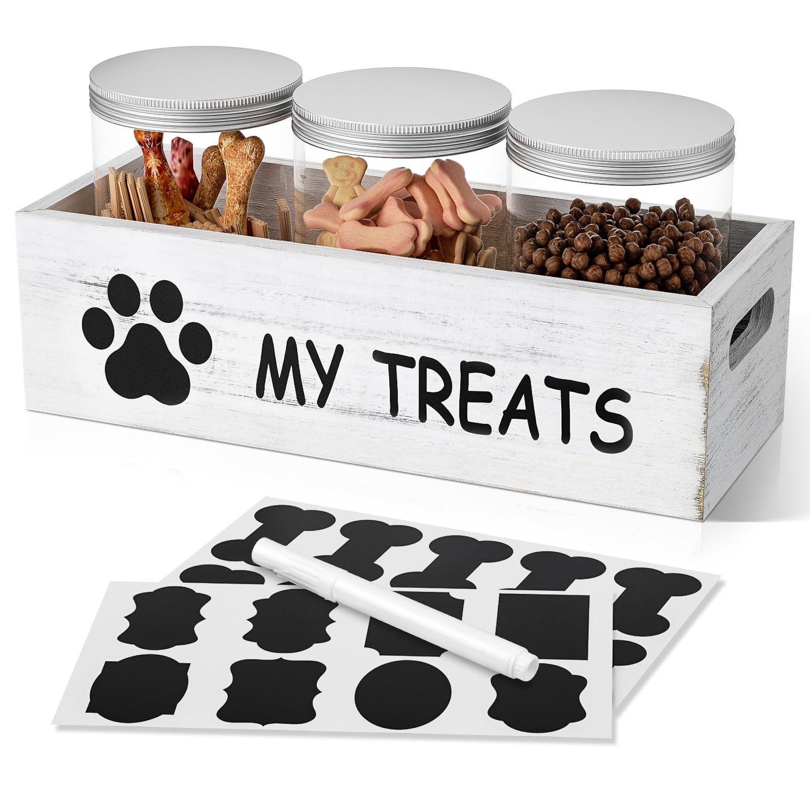 Photo 1 of qeerable Dog Treat Container for Countertop - Dog Food Storage with 3 Jars - Pet Food Organizer For Puppy - Airtight White Wooden Dog Treat Storage With Lids - Great Gift for Pet Dog Owners