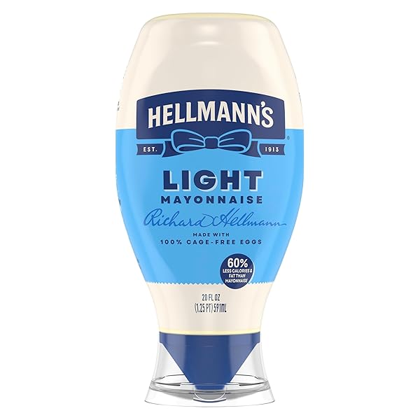 HELLMANN’S LIGHT MAYONNAISE LIGHT MAYO SQUEEZE BOTTLE FOR A CREAMY CONDIMENT FOR SANDWICHES AND SIMPLE MEALS MADE WITH 100% CAGE-FREE EGGS 20 OZ