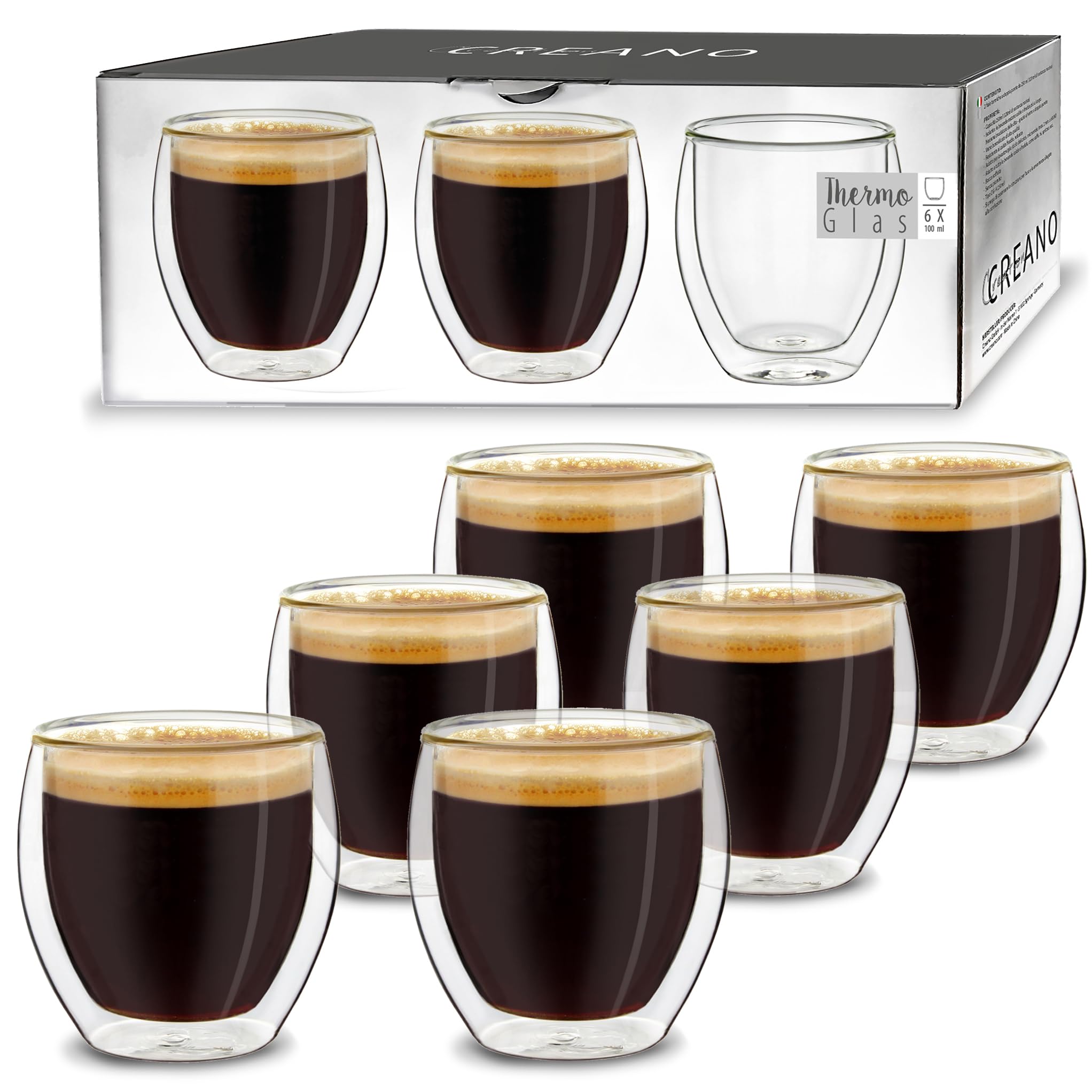 Creano Double Walled Espresso Glasses 100ml - Insulated Coffee Cups - Handmade Heat Resistant Glass - 6 pcs (Pack of 1)