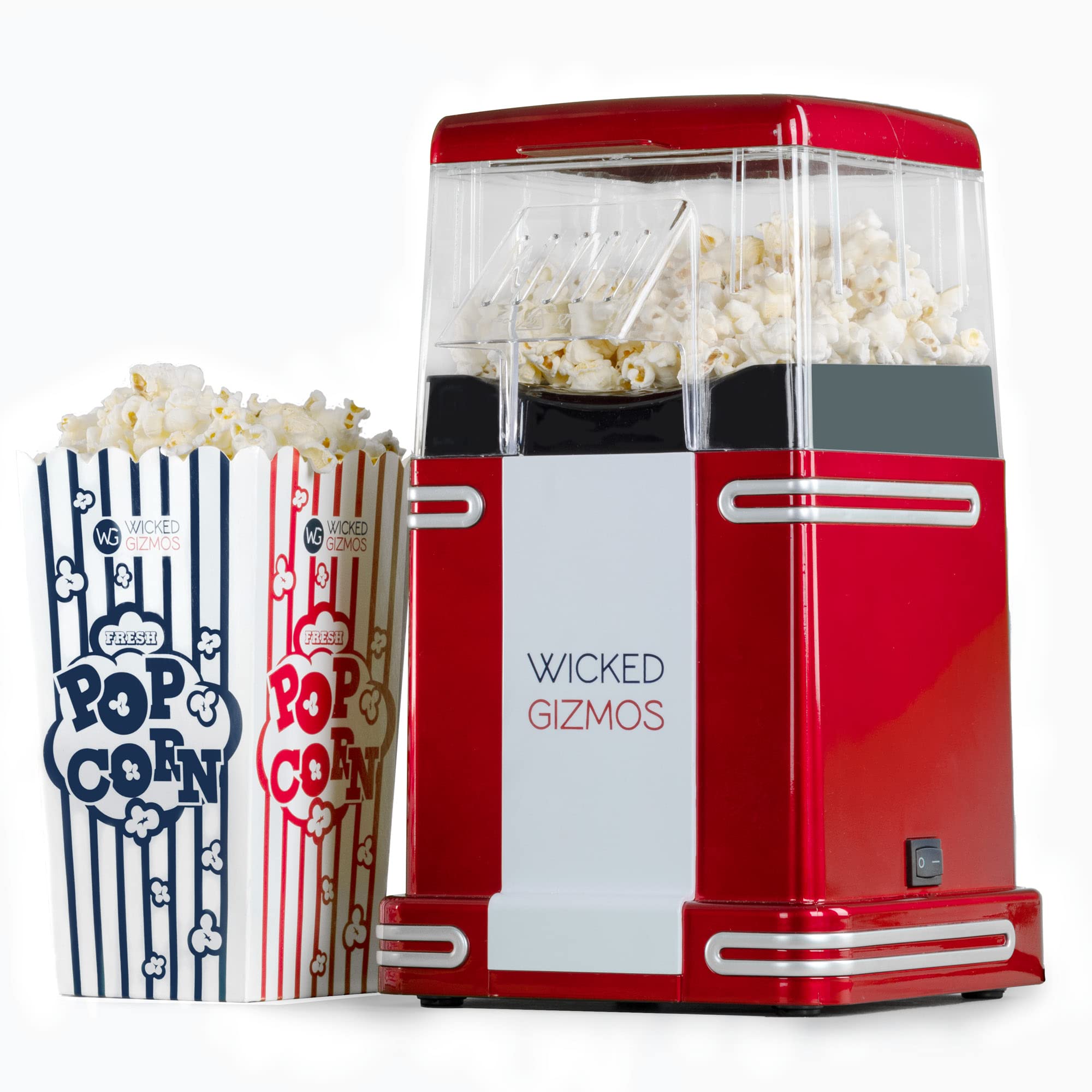 WICKED GIZMOS Retro Popcorn Machine - 1200W Popcorn Maker w/ One Touch Operation, Oil-Free Design, 6 Boxes & Butter Scoop - Pop Corn Maker Machine for Home Theatres, Movie Nights & Parties (Red)