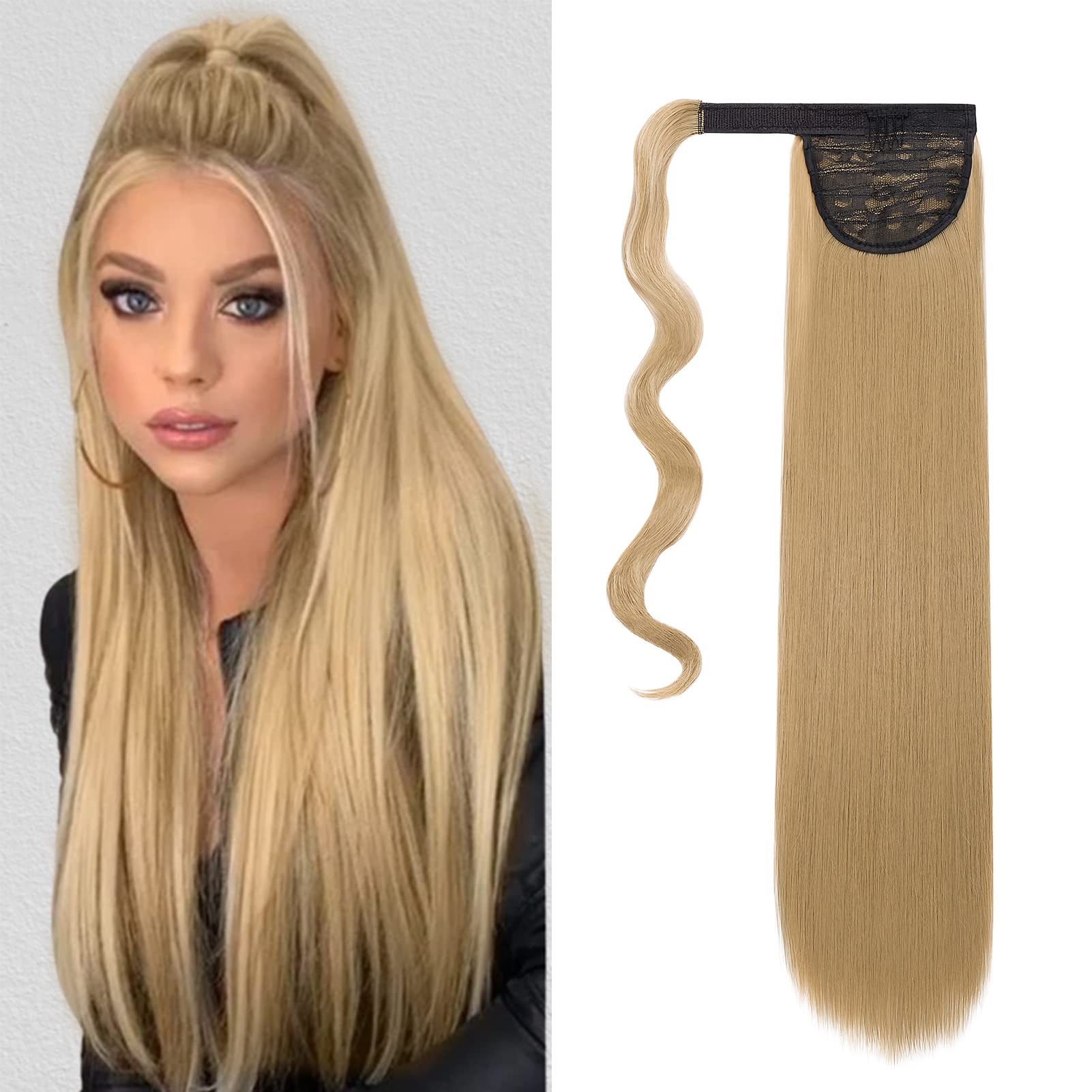 Cybelleza Ponytail Hair Extension Straight Wrap Around Pony Tail Clip in Hair Extensions Hairpiece Synthetic Long for Women (Ash Blonde)