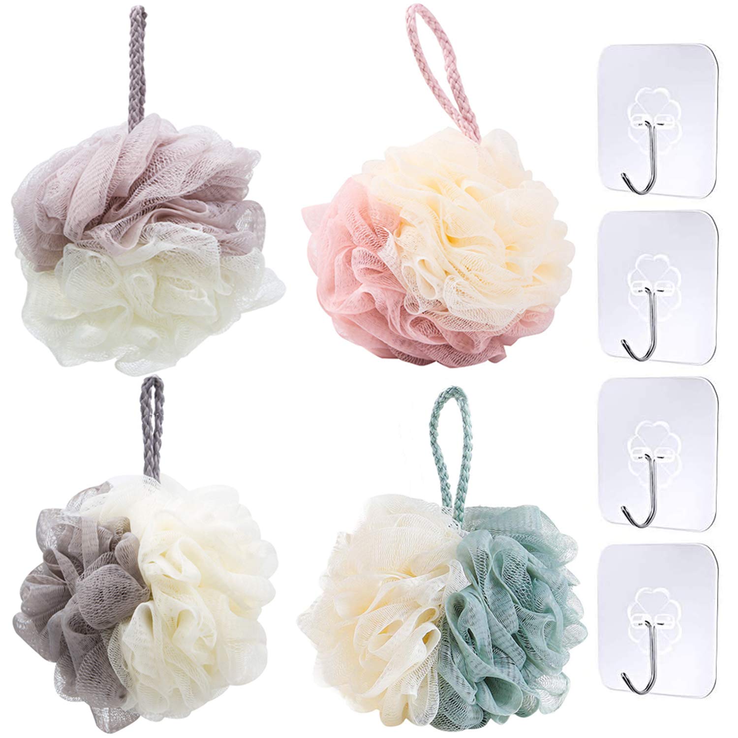 4 pcs Loofahs Bath Sponge Set Mesh Shower Sponge Ball with 4 pcs Seamless Hooks Exfoliating Shower Sponge Soft and skin-friendly