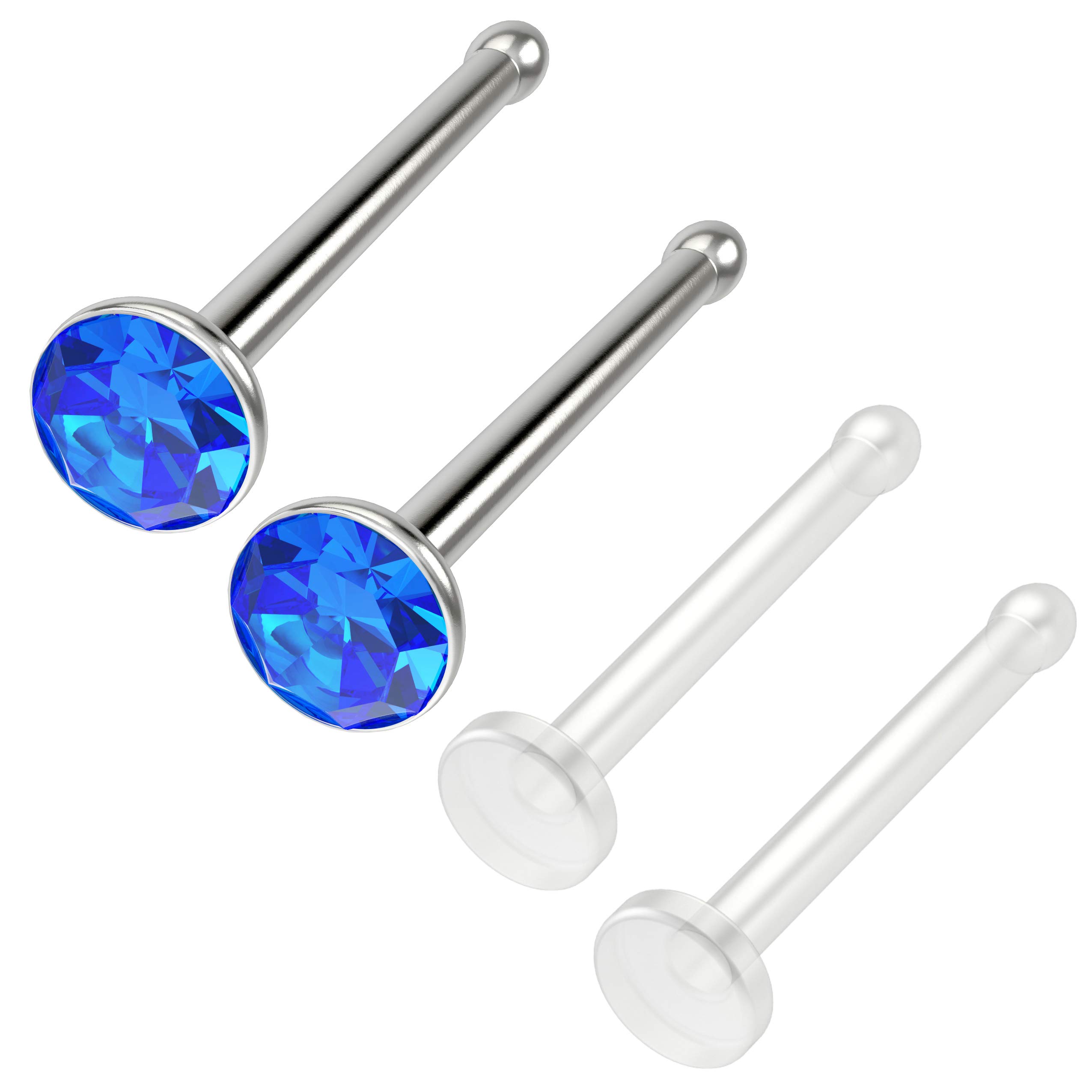 Bling Piercing 4pc 1mm 18g 1mm Nose Stud Bone Straight Bar Nostril Ring Surgical Steel 2.5mm Crystal Sapphire Bioflex Stud 0.8mm 20g 0.8mm Retainer Keeper