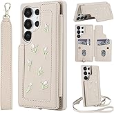 Kimiyaki Wallet Case for Samsung Galaxy S25 Ultra, Magnetic Snap Flip Leather Cover with Flower Design Credit Card Holder Stand Wristband，Samsung S25 Ultra Protective Phone Case for Women