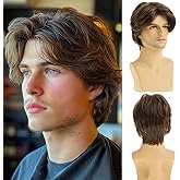 Beweig Short Brown Wig for Mens Layeded Natural Fluffy Synthetic Hair Wig Heat Resistant Halloween Cosplay with Hair Cap